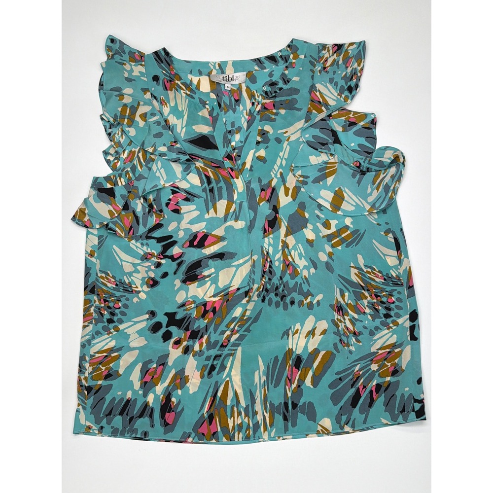 Tibi 100% Silk Abstract Print Ruffle Sleeveless V Neck Top Blouse Women's Size 6